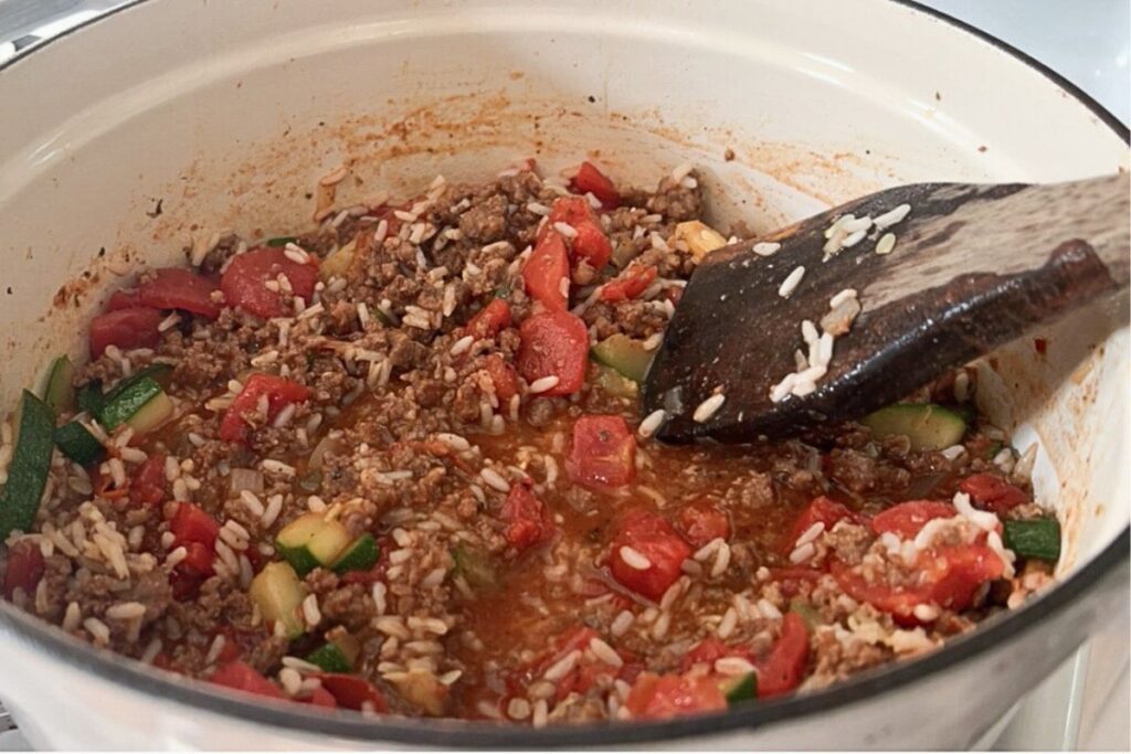 rice added to skillet