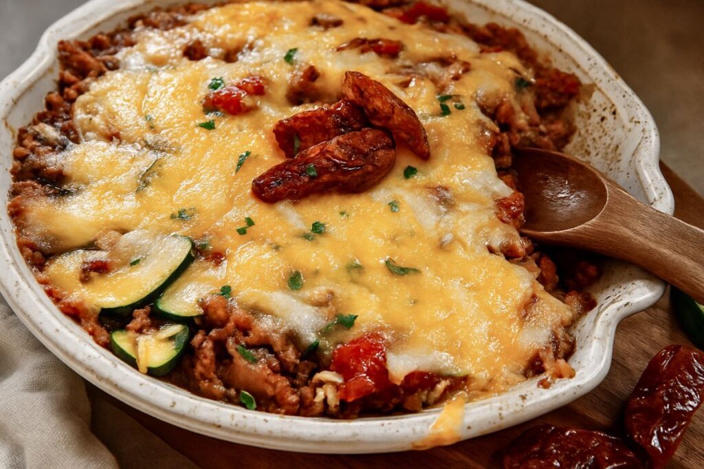 A dish of zucchini, rice, sausage and tomatoes.