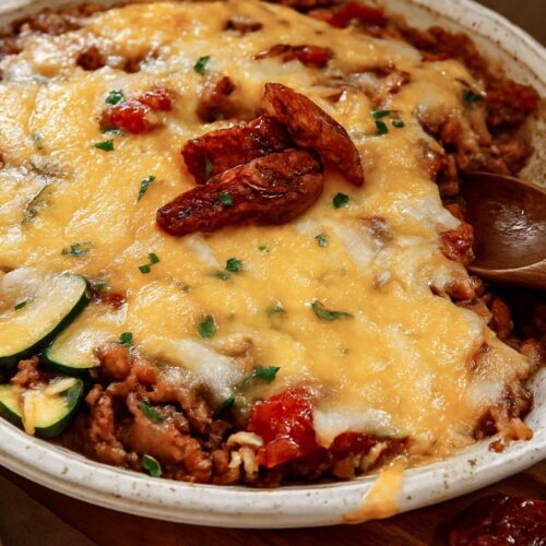 serving sausage and zucchini casserole with rice