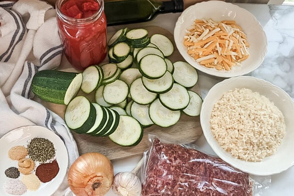 sausage, rice, cheese, zucchini, spices, onion, diced tomatoes, garlic