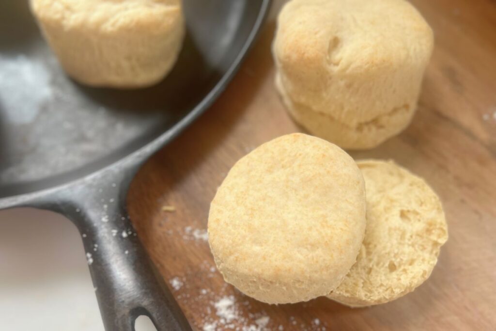 flaky biscuit open on cutting board