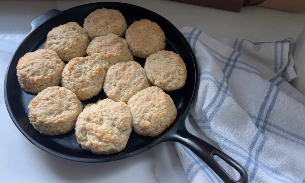 freshly baked strawberry shortbread biscuits on cast iron skillet