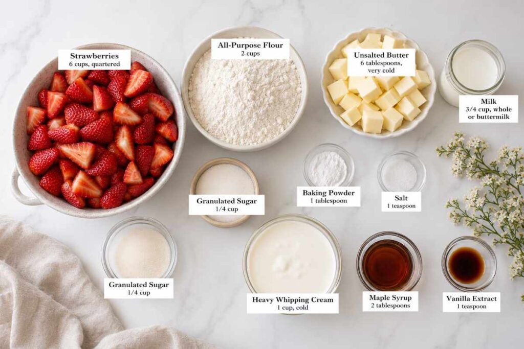 strawberries, flour, butter, and the rest of the ingredients for shortbread on counter